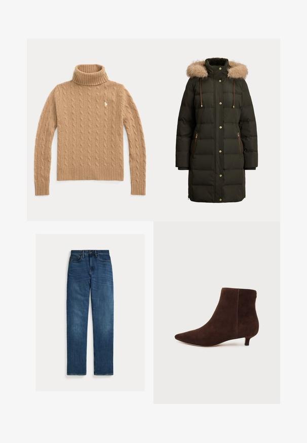 Mørkegrøn lang foret vinterjakke med brun pelsbeklædt hætte, forreste trykknapper, lynlåslommer og ribstrikkede manchetter.; Kamelfarvet kabelstrikket rullekrave sweater med lange ærmer og ribstrikkede manchetter, med en lille broderet logo på brystet.; Straight-leg blå denim jeans med fem lommer, knaplukning og subtil falmning på lår og knæ, lagt fladt på hvid baggrund.; Mørkebrune ruskindsstøvler med spids tå og lav kitten-hæl, vist fra indersiden mod en hvid baggrund.