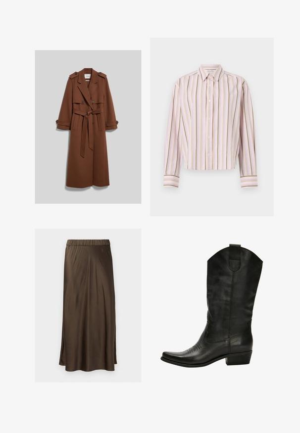 Langer brauner Trenchcoat mit Gürtel, mit geknöpften Schulterriemen und Manschettenlaschen, zwei Vordertaschen und breitem Revers.; Hemd in hellrosa mit gestreiften vertikalen Linien in grün und gelb, Knopfverschluss und langen Ärmeln mit kontrastierenden Manschetten.; Brauner Satin-Midirock mit einem elastischen Bund, glatter Textur und seitlichen Schlitzen für mehr Bewegungsfreiheit. Klassische A-Linie-Silhouette.; Schwarze Leder-Cowboystiefel mit spitzem Zehenbereich, dezenten Steppnähten und einem gestapelten Absatz. Sie besitzen einen hohen Schaft und eine Zuglasche.