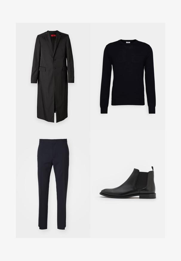 Čierny dlhý kabát z ľahkej látky, s jednoradovým zapínaním, dvoma gombíkmi a bočnými vreckami. Minimalistický štýl s elegantným siluetou.; Čierny sveter s dlhým rukávom vyrobený z mäkkého pleteného materiálu. Okrúhly výstrih, rebrované manžety a lem. Minimalistický dizajn bez viditeľných vzorov alebo gombíkov.; Námornícke nohavice strihané z tkanej látky, s plochým predným dielom, pútkami na opasok a rovnými nohavicami. Bez viditeľných vzorov alebo kovových doplnkov.; Čierne kožené Chelsea čižmy s elastickými bočnými panelmi, zaoblenou špičkou a nízkym podpätkom. Hladká textura s minimalistickým dizajnom.
