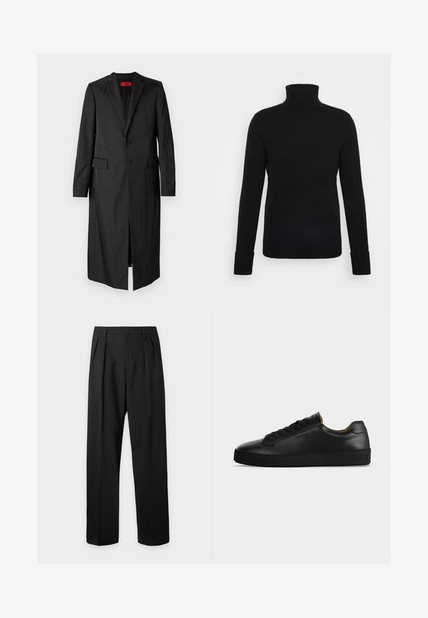 Sort lang frakke i letvægtsstof med enkelt knaplukning, to knapper og sidelommer. Minimalistisk stil med en slank silhuet.; FTC Cashmere ROLLNECK - Striktrøje - moonless night; Sorte skræddersyede bukser med høj talje, bæltestropper, frontfolder, knaplukning og lige vide ben på en lys baggrund.; Sort lavtopet læder-sneaker med sorte snørebånd, tekstureret gummisål og lille præget logo på siden, vist i profil mod grå baggrund.