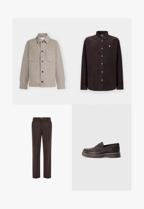 Veste en laine beige clair boutonnée, avec deux poches poitrine, col pointu et manches longues.; Chemise en velours côtelé marron foncé avec col boutonné, manches longues, boutons blancs et petit logo sur la poitrine gauche.; Pantalon marron foncé sur mesure avec plis à l'avant, passants de ceinture, fermeture par bouton et coupe droite.; Mocassins en cuir marron avec un profil bas, présentant des coutures décoratives, une semelle en caoutchouc légèrement surélevée et une finition lisse.