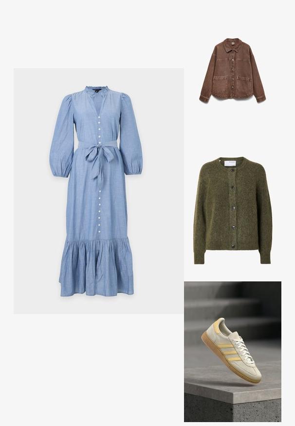Chaqueta de mezclilla marrón con botones, dos bolsillos grandes en la parte delantera y cuello, extendida sobre un fondo blanco.; Cárdigan oscuro verde oliva con textura suave, botones, mangas largas y escote redondo, con etiqueta "SELECTED FEMME" en el interior del cuello.; Vestido midi de manga larga en azul claro, con botones en la parte delantera, bajo fruncido, cuello con volantes y cinturón de tela anudado en la cintura.; Zapatilla de ante beige con detalles amarillos, cordones blancos y tres rayas amarillas. Cuenta con una suela de goma texturizada color goma natural y una marca dorada.