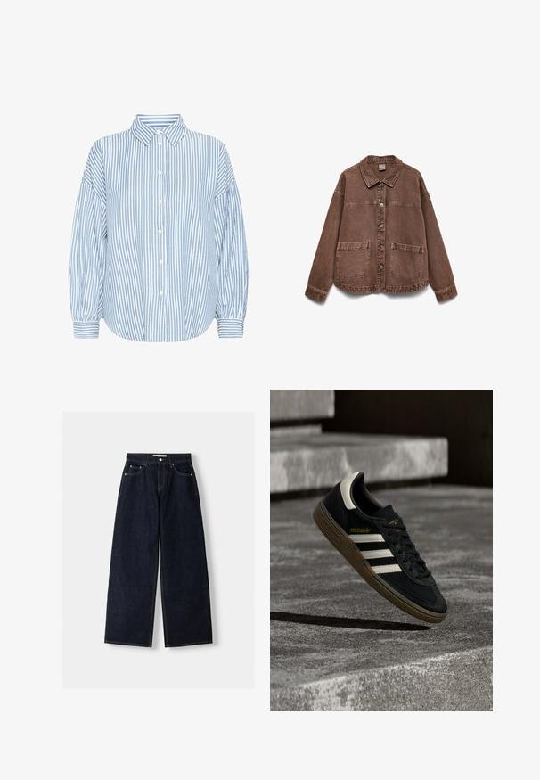 Brun denimjakke med knapper, to store forlommer og krave, lagt fladt på en hvid baggrund.; Lyseblå og hvid stribet skjorte med knapper, krave, løs pasform, bløde ærmer og opfoldede håndled. Fremstillet af et let materiale.; Mørkeblå denim wide-leg jeans med høj talje, fem lommer, kontraststing og sølvfarvet metalbeslag. Glat overflade og pæn finish.; Sort Adidas-sneaker med hvide striber og gummisåler, svævende over grå betontrapper i naturligt lys.