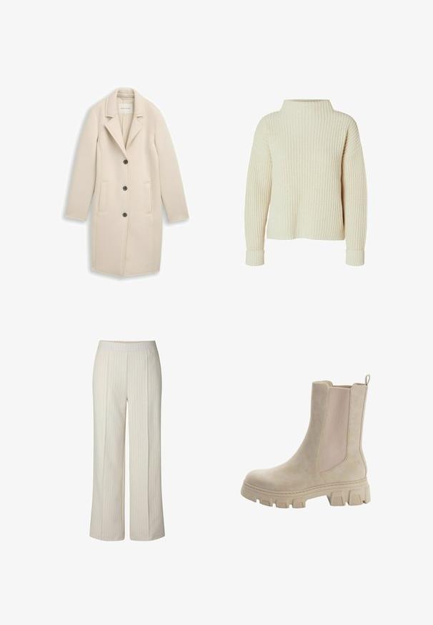 Beige lang frakke med notch reverskrave, tre sorte knapper, to forlommer og lange ærmer, vist fladt.; Chunky strikket creme sweater med høj halsudskæring, drop skuldre og ribbede manchetter. Den strukturerede stof giver et blødt, hyggeligt udseende.; Kremfarvede bukser med vide ben og tynde, lodrette nålestriber samt elastik i taljen, designet til en afslappet pasform.; Beige Chelsea støvler med en glat læderoverdel og elastiske sidepaneler. Tyk, robust gummisål med karakteristisk mønster og trækstrop.