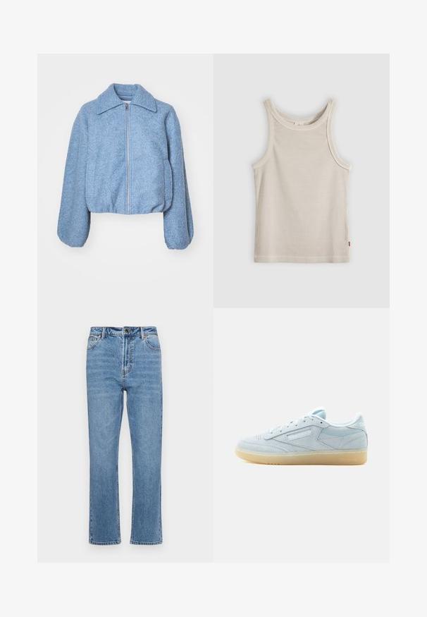 Blauwe gecropte jas gemaakt van textuurstof, met een rits aan de voorkant, brede mouwen en een klassieke kraag.; Beige geribd mouwloos tanktop met ronde hals en smalle pasvorm, getoond tegen een grijze achtergrond.; Lichtblauwe denim jeans met een rechte pijp, vijf zakken, een sluiting met een knoop aan de voorkant en subtiele vervaging op de stof.; Lichtblauwe suède lage sneaker met witte veters en een rubberen zool, recht zijaanzicht op een effen witte achtergrond.