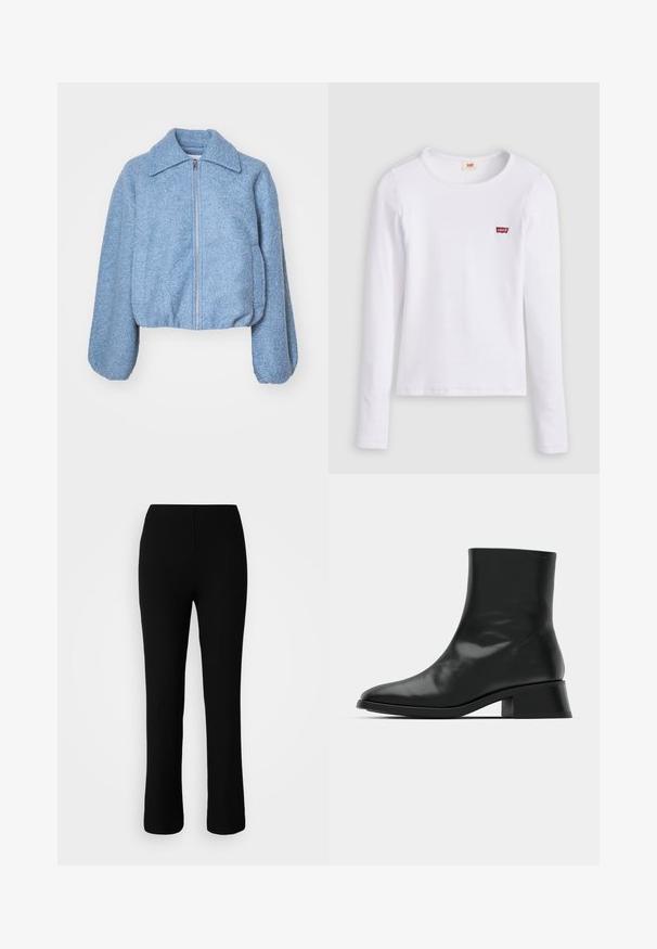 Veste courte bleue en tissu texturé, dotée d'une fermeture éclair à l'avant, de manches larges et d'un col classique.; Chemise Levi's blanche à manches longues avec col rond et petit logo rouge Levi's sur la poitrine gauche, présentée sur un fond uni.; Pantalons en maille côtelée noire avec une taille élastique, présentant une silhouette ajustée, des jambes droites et une texture subtile.; Bottine noire en cuir brillant, au design épuré, avec un bout pointu et un petit talon bloc pour plus de stabilité.