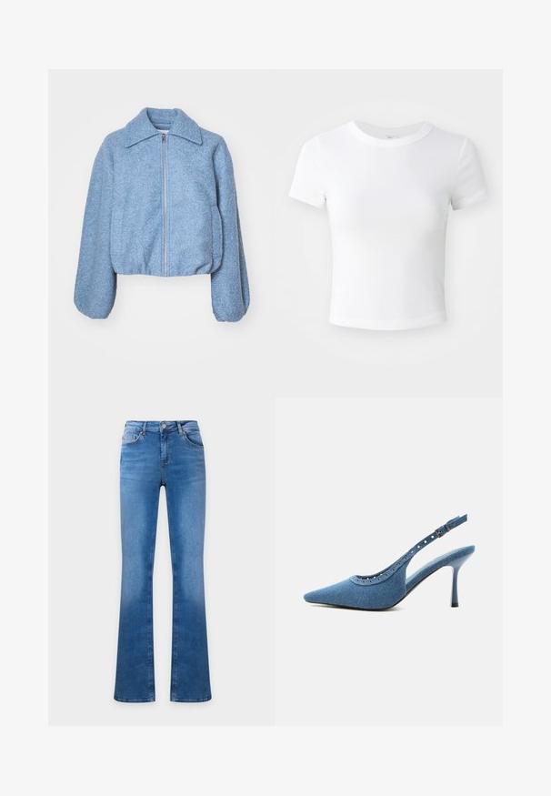 Blauwe gecropte jas gemaakt van textuurstof, met een rits aan de voorkant, brede mouwen en een klassieke kraag.; Effen witte cropped t-shirt met korte mouwen en ronde hals, weergegeven op een neutrale lichte achtergrond.; Blauwe spijkerbroek met een hoge taille en uitlopende pijpen, met voor- en achterzakken en een knoopsluiting.; Blauwe denim slingback pump met spitse neus, zilveren oogjes en verstelbare gespsluiting.