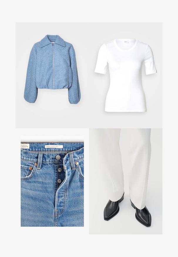 Blauwe gecropte jas gemaakt van textuurstof, met een rits aan de voorkant, brede mouwen en een klassieke kraag.; Wit T-shirt met korte mouwen van glad katoen, met een ronde halslijn en een aangesloten pasvorm. Klassiek ontwerp, zonder patronen of accenten.; Lichtblauwe spijkerbroek met een rechte enkelafwerking. Bevat vijf zakken, twee metalen knopen en zichtbare oranje stiksels. Labels aanwezig.; Zwarte puntige enkellaarzen met een gladde leren afwerking, lage blokhakken, gecombineerd met witte wijde broekspijpen. Eenvoudig en modern design.