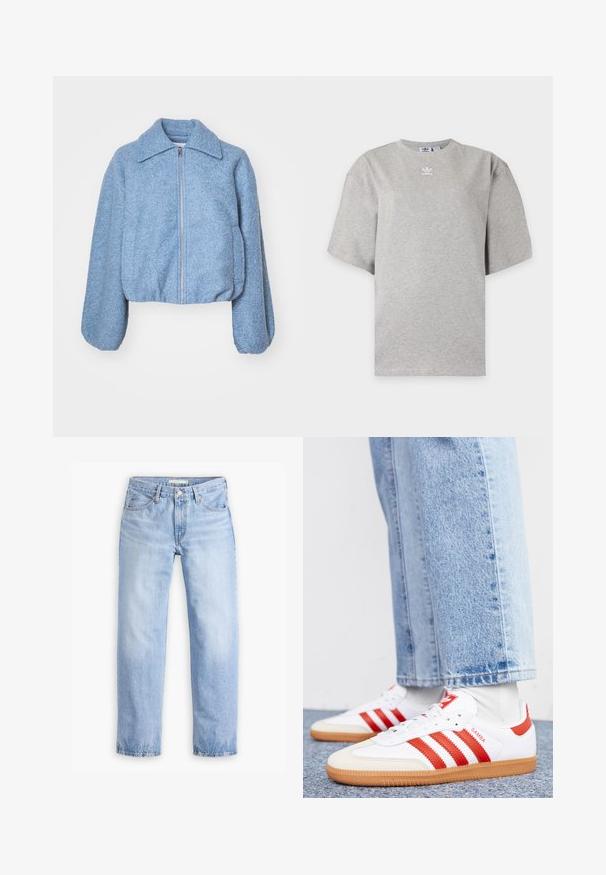Blå cropped jakke lavet af tekstureret stof, med en frontlynlås, brede ærmer og en klassisk krave.; Lysegrå Adidas T-shirt med korte ærmer, rund hals og lille hvid Adidas-logo på brystet, vist på en ensfarvet baggrund.; Lyseblå denimjeans med en lige ben-design, fem lommer og en mellemhøj talje. Har en falmet struktur og håndsyet kant.; Hvide lædersneakers med røde striber og accenter. Har en tekstureret gummisål og polstret krave. Bæres med lyseblå denim.