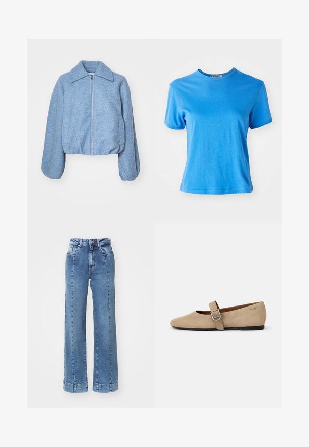 Blue cropped jacket made from textured fabric, featuring a front zipper, wide sleeves, and a classic collar.; Blue short-sleeve T-shirt made of cotton. Round neckline with a smooth texture and a slightly relaxed fit. No patterns or additional accents.; Light blue denim wide-leg jeans with a high waist, featuring front pockets and stitched detailing. The hem is rolled and sewn.; Beige suede Mary Jane flats with a pointed toe and a single adjustable strap featuring a silver buckle. Black flat sole.