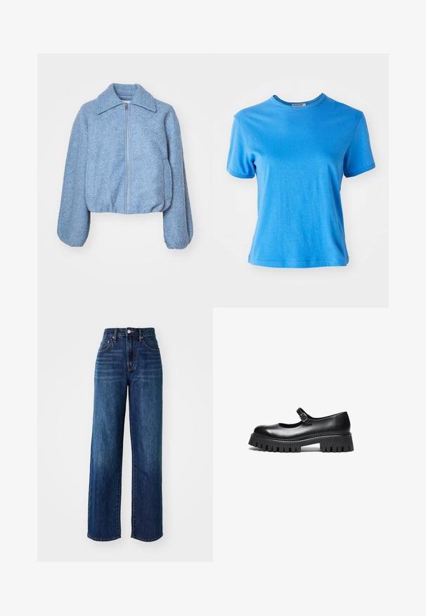Chaqueta corta azul hecha de un tejido texturizado, con cremallera frontal, mangas anchas y un collar clásico.; Camiseta de algodón de color azul con mangas cortas. Cuello redondo con una textura suave y un ajuste ligeramente holgado. Sin patrones ni detalles adicionales.; Jeans de mezclilla azul oscuro con cintura alta, diseño de pierna ancha, bolsillos delanteros y traseros, y un ligero desgastado. Herrajes metálicos en la cinturilla.; Zapato negro de cuero estilo Mary Jane con punta redonda, correa en el tobillo y suela de goma gruesa con detalles estriados.
