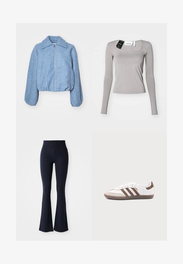 Blå cropped jakke lavet af tekstureret stof, med en frontlynlås, brede ærmer og en klassisk krave.; Langærmet skjorte i lys grå, med firkantet udskæring, slim fit og glat stof. Indeholder mærker fastgjort ved udskæringen.; Mørkeblå, flagrende leggins lavet af strækbart materiale med højtalje. Glat tekstur og ensfarvet, ingen synlige mønstre eller accenter.; Hvid Adidas Samba sneaker med brune ruskindstriber, brun gummisål og beige ruskindståhætte, vist fra ydersiden på en ensfarvet baggrund.