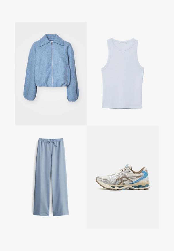 Blaue kurze Jacke aus strukturiertem Stoff, mit einem Frontreißverschluss, weiten Ärmeln und einem klassischen Kragen.; Hellblaues, ärmelloses Tanktop aus weichem Baumwollstoff. Verfügt über einen runden Ausschnitt und glatte Kanten, ohne sichtbare Muster oder Akzente.; Helle blaue weite Hosen aus glattem Stoff, mit einem elastischen Bund und Kordelzug, ohne sichtbare Taschen oder zusätzliche Details.; Weißer und beiger Laufschuh mit blauen Akzenten, Mesh-Obermaterial, gepolsterter Sohle und Schnürdesign, von der Außenseite gezeigt.