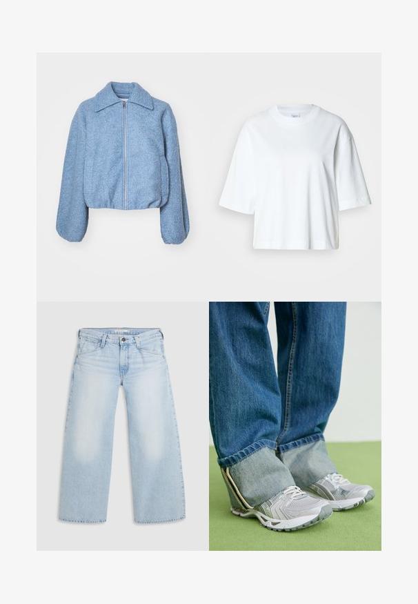 Blaue kurze Jacke aus strukturiertem Stoff, mit einem Frontreißverschluss, weiten Ärmeln und einem klassischen Kragen.; Weißes, kurz geschnittenes T-Shirt mit kurzen Ärmeln und Rundhalsausschnitt, aus weichem Baumwollmaterial, mit einem einfachen und klaren Design.; Helle blaue weite Jeans aus Denim. Mit geradem Schnitt, Fünf-Taschen-Design und einem Knopfverschluss am Bund.; Graue Turnschuhe aus Mesh-Material mit weißen Akzenten, kombiniert mit blauen Jeans, die an den Knöcheln umgeschlagen sind.