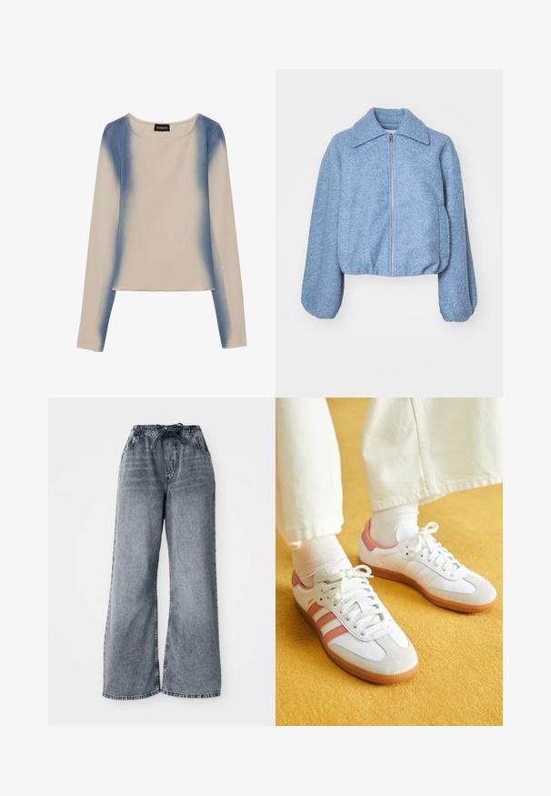 Chaqueta corta azul hecha de un tejido texturizado, con cremallera frontal, mangas anchas y un collar clásico.; Camiseta de manga larga en color beige claro, con un diseño en degradado azul. Textura suave, con cuello redondo y línea de dobladillo recta.; Pantalones de mezclilla gris de pierna ancha con cintura elástica, cierre de cordón y bolsillos laterales. Textura deslavada en toda la tela.; Zapatillas deportivas blancas con acentos en rosa, materiales de ante y cuero, punta redonda y suela de goma, mostradas con calcetines de color claro sobre un fondo amarillo.
