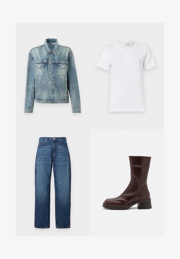 Chaqueta de mezclilla azul claro con botones delanteros, dos bolsillos con solapa en el pecho, mangas largas y un cuello clásico sobre un fondo liso.; Camiseta de algodón blanca con cuello redondo, mangas cortas, dobladillo recto y una textura suave. Sin patrones ni elementos adicionales.; Jeans de mezclilla azul oscuro, diseño de pierna recta, cinco bolsillos y costura de cobre en las costuras. Textura suave con ligero desvanecimiento en la tela.; MIISTA MALENE - Botines - brown