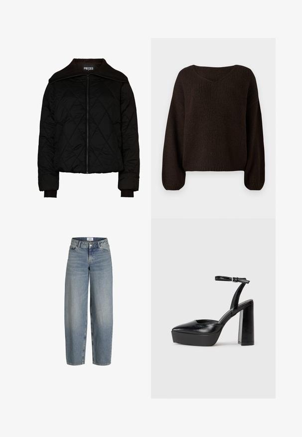 Schwarze gesteppte Bomberjacke mit geripptem Kragen und Bündchen, ausgestattet mit einem Reißverschluss. Leichter Stoff mit einem Rautenmuster. Größe M.; Brauner Strickpullover mit V-Ausschnitt, oversized Passform und langen Ärmeln. Strukturiertes Material mit Rippenmuster. Verkürzte Länge.; Hellblaue, lässig geschnittene Jeans mit hoher Taille, aus Denimstoff. Verfügt über fünf Taschen und einen klassischen Knopf-und-Reißverschluss.; Schwarze Plateau-High Heels mit spitzem Zeh und verstellbarem Knöchelriemen. Gefertigt aus glattem Leder und mit einem klobigen Blockabsatz.