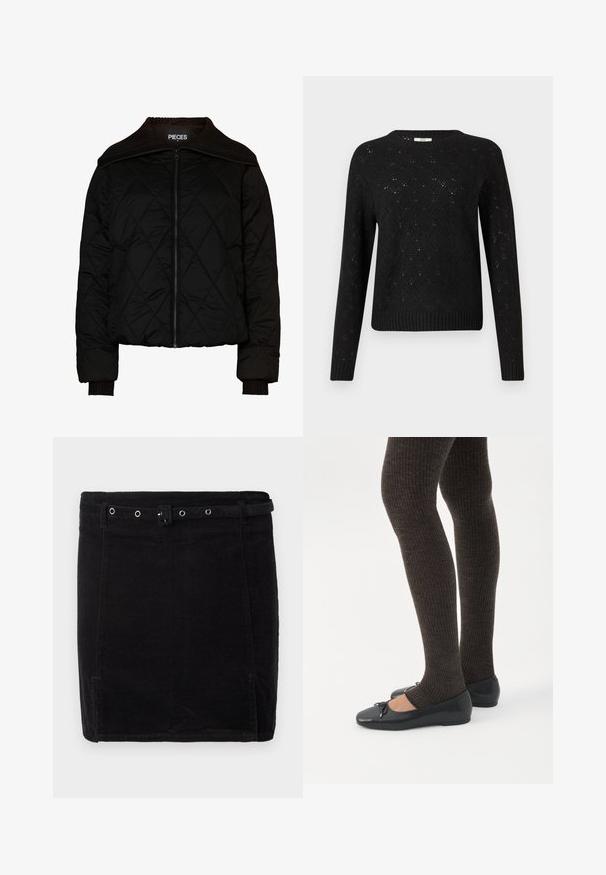 Sort quiltet bomberjakke med ribbet krave og manchetter, der har en lynlåslukning. Letvægtsstof med et diamantmønster. Størrelse M.; Sort strikket sweater med diamantmønster, ribbet kant og lange ærmer. Fremstillet af let materiale med rund halsudskæring.; Sort fløjlsskjørt med en tætsiddende pasform, der har et bælte, sølvhardware og en diskret vertikal ribbeting. ; Ben iført mørke ribbede leggings kombineret med sorte balletsko med små sløjfedetaljer på hvid baggrund.