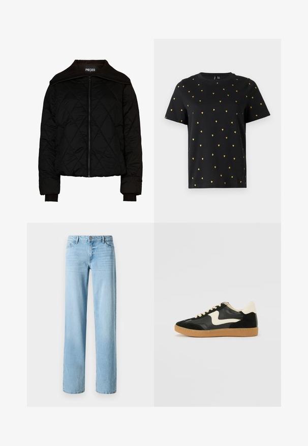 Chaqueta bomber acolchada negra con cuello y puños acanalados, que presenta un cierre de cremallera. Tela ligera con un patrón de diamantes. Talla M.; Camiseta negra de manga corta hecha de algodón, con pequeños patrones de corazones dorados distribuidos uniformemente por toda la tela. Cuello redondo.; Jeans de mezclilla azul claro, diseño de pierna recta, con cinco bolsillos y cierre frontal de botón. Textura suave con un ligero desvanecimiento.; Zapatillas de deporte de ante y cuero negro con un swoosh lateral en crema y un talón en crema claro. Presenta cordones beige y una suela de goma marrón.