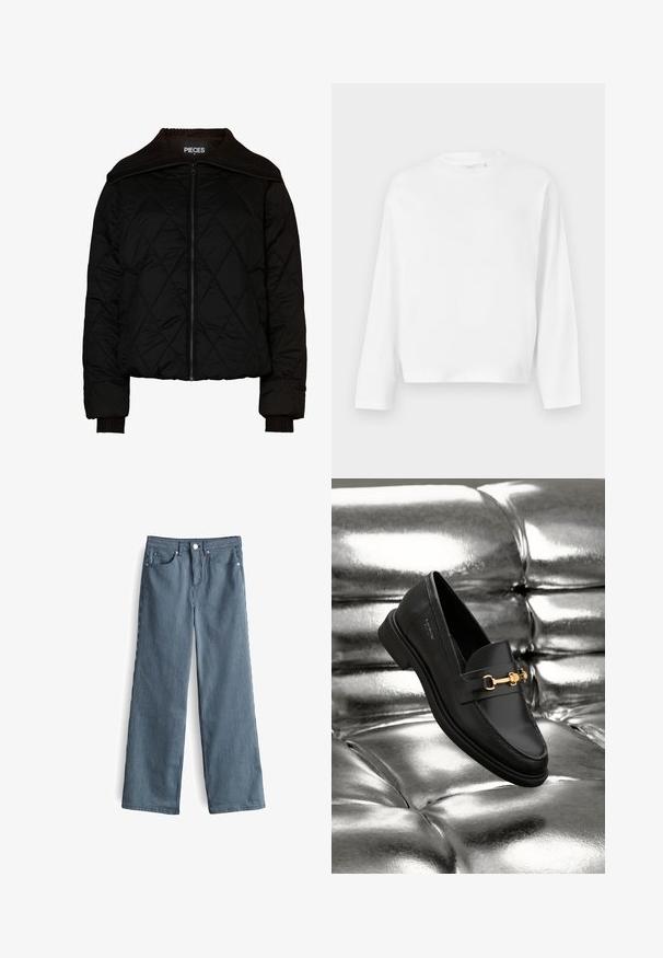 Schwarze gesteppte Bomberjacke mit geripptem Kragen und Bündchen, ausgestattet mit einem Reißverschluss. Leichter Stoff mit einem Rautenmuster. Größe M.; Gina Tricot Langarmshirt - white; Helle blaue und weiße gestreifte weite Hosen mit hoher Taille, ausgestattet mit fünf Taschen und einem knöpfbaren Bund.; Schwarze Leder-Loafer mit goldfarbener Hardware. Der Schuh zeichnet sich durch ein elegantes Design und eine glatte, glänzende Oberfläche aus.