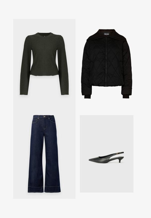 Sort quiltet bomberjakke med ribbet krave og manchetter, der har en lynlåslukning. Letvægtsstof med et diamantmønster. Størrelse M.; Olivengrøn cropped langærmet top lavet af ribbet stof. Har en rund halsudskæring og en tæt pasform.; Mørkeblå brede jeans lavet af denim. Har en knaplukning, stikninger og sidelommer. Udfoldet nederste kant.; Sorte spidse slingback-sko lavet af glat læder. Har en tynd hæl og en spænde detalje på den justerbare rem.
