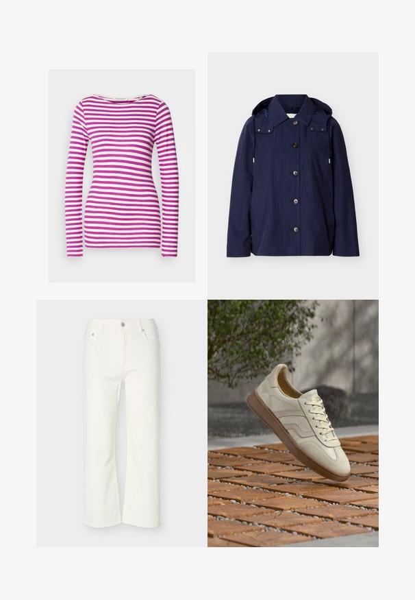 Marineblå, knappet regnjakke med krave, hætte med snore, lange ærmer og sidelommer mod en ensfarvet baggrund.; Langærmet T-shirt med en tætsiddende pasform, lavet af blødt bomuld. Har vandrette lyserøde og hvide striber samt en bred rund halsudskæring.; Hvide cropped flare-jeans med frontknap og lynlås, bæltestropper samt lommer foran og bagpå, vist på en ensfarvet baggrund.; Sneakers i cremefarve med en struktureret beige gummisål, snøredesign og diskret brand på siden. Overdel i glat læder.
