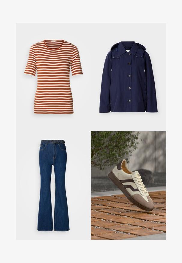Imperméable bleu marine à boutons, avec col, capuche à cordons, manches longues et poches latérales sur un fond uni.; T-shirt rayé présentant des couleurs rouille et crème alternées, à manches courtes, un col rond et un tissu doux et texturé.; Jeans en denim bleu évasés avec une taille haute, des coutures contrastées et une ceinture tissée au design tressé. Texture lisse et style classique.; Baskets crème et marron avec lacets, bout en suède et semelle marron foncé flottant au-dessus d'un sol en carreaux de bois en extérieur.
