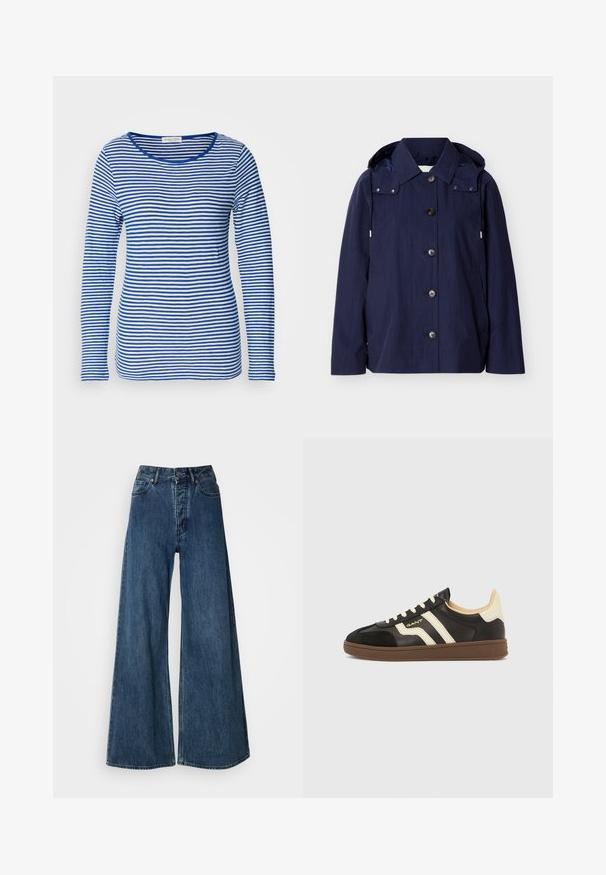 Chaqueta impermeable azul marino con botones, cuello, capucha con cordones, mangas largas y bolsillos laterales sobre un fondo liso.; Camisa de manga larga con escote redondeado, que presenta rayas horizontales alternadas en azul y blanco. Fabricada con un tejido suave y ligero.; Jeans de mezclilla de pierna ancha en azul oscuro, con cintura alta, diseño de cinco bolsillos y costuras en contraste. Tejido clásico y duradero.; Zapatillas negras con franjas crema, parte superior de cuero texturizado y suela de goma marrón. Presentan un diseño con cordones y una silueta de perfil bajo.