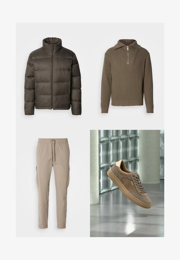 Mørk olivengrøn dunjakke med høj krave, lynlås foran og syede sektioner. Har sidelommer og et mærketag på brystet.; Brun ribbet pullover med en halvdelt lynlås og en bred krave. Har et tekstureret stof og en let cropped hel. Simpelt design.; Beige cargo bukser med elastisk talje og snøre. Har sidelommer og en tapered ben design, lavet af letvægtsstof.; Beige casual sneaker med snørebånd og "BOSS"-logo, som svæver over en poleret betongulv med glasblokvæg i baggrunden.