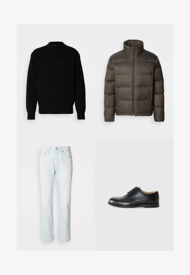 Dunkelolivgrüne Pufferjacke mit hohem Kragen, Reißverschluss vorne und gesteppten Bereichen. Verfügt über Seitentaschen und ein Markenetikett auf der Brust.; Schwarzer gerippter Strickpullover mit hohem Kragen, langen Ärmeln und lockerer Passform. Der Stoff zeigt ein strukturiertes Muster über die gesamte Oberfläche.; Hellblaue Jeans mit geradem Bein. Verfügt über einen Knopfverschluss und Gürtelschlaufen, präsentiert eine ausgebleichte Textur und minimale Nähte.; Calvin Klein ESS DERBY - Schnürer - triple black