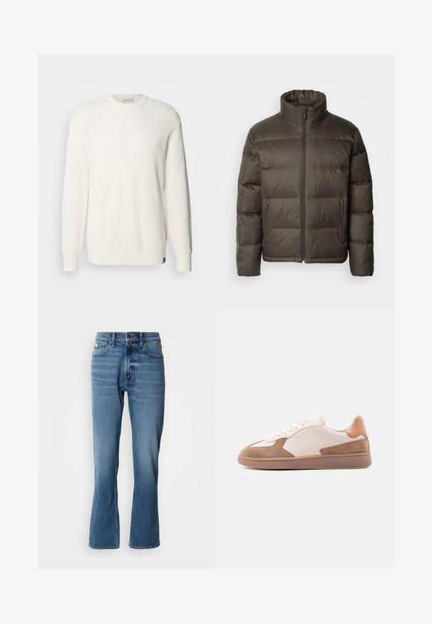 Mørk olivengrøn dunjakke med høj krave, lynlås foran og syede sektioner. Har sidelommer og et mærketag på brystet.; Calvin Klein Jeans CREW - Striktrøje - tofu; Lyseblå denim jeans med lige pasform og let flare. Har fem lommer, knaplukning og subtile slidte detaljer.; Hvid og tan lavtop-sneaker med ruskindsdetaljer, perforerede sider, hvide snørebånd og en struktureret gummisål, vist fra siden på hvid baggrund.