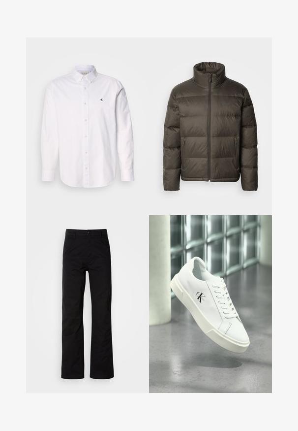 Dunkelolivgrüne Pufferjacke mit hohem Kragen, Reißverschluss vorne und gesteppten Bereichen. Verfügt über Seitentaschen und ein Markenetikett auf der Brust.; Weißes Baumwollhemd mit klassischem Kragen, langen Ärmeln und kleinem CK-Logo auf der linken Brust. Glatte Textur.; Schwarze Baumwollhosen mit geradem Bein, ausgestattet mit einem Knopfverschluss und Gürtelschlaufen. Glatte Textur und minimalistischer Stil ohne sichtbare Muster.; Weißer Calvin Klein Sneaker mit Schnürsenkeln, schwebend über einem polierten Betonboden und einer Glasbausteinwand im Hintergrund dargestellt.