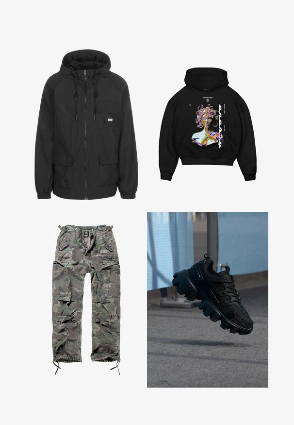 Schwarze Kapuzenjacke aus leichtem Material, mit einem Vorderreißverschluss, verstellbarem Kordelzug und einer Brusttasche mit Logodetail.; Schwarz mit Kapuze Sweatshirt featuring ein mehrfarbiges Grafik eines Medusa-ähnlichen Figur, mit hervorgehobenem Text und einer vorderen Kängurutasche.; Tarnfarbene Cargo-Hose in Grün und Grau, ausgestattet mit mehreren Taschen, elastischem Bund, verstellbaren Knöchelbündchen und einer lockeren Passform.; Schwarzer klobiger Sneaker mit dicker Profilsohle, der über einem grauen Gehweg schwebt, vor einem verschwommenen hellblau-grauen Hintergrund.