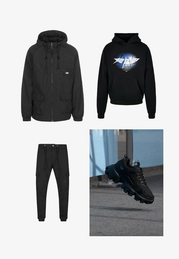 Chaqueta con capucha negra, hecha de tela ligera, con cierre frontal, cordón ajustable y un bolsillo en el pecho con detalle del logotipo.; Sudadera negra con un gráfico central blanco que presenta un diseño de explosión en azul y gris y el texto "Más alto que el cielo" en una fuente estilizada. Con bolsillo frontal.; Pantalones cargo negros entallados con puños elásticos, cierre frontal de botón y cremallera, cintura con cordón y bolsillos con solapa en cada muslo.; Zapatilla negra y gruesa con suela de taco grueso flotando sobre un pavimento gris, con un fondo desenfocado azul claro y gris.
