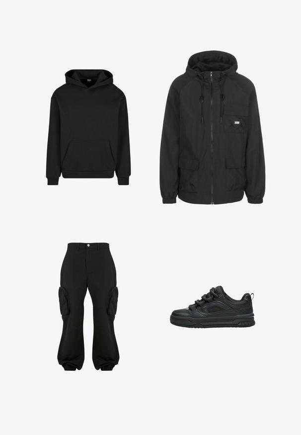 Zwarte capuchonjack van lichtgewicht stof, voorzien van een frontale rits, verstelbare koordjes en een borstzak met logodetail.; Zwarte hoodie gemaakt van zachte stof, met een voorzak, een capuchon met trekkoord en ribgebreide boorden en zoom voor een comfortabele pasvorm.; Zwarte cargobroek met een relaxte pasvorm, voorzien van twee zijvakjes, elastische boorden bij de enkels en een knoopsluiting in de taille.; Zwarte lage sneaker met dikke zool, gevoerde kraag, meshpanelen en dikke veters, afgebeeld tegen een witte achtergrond.