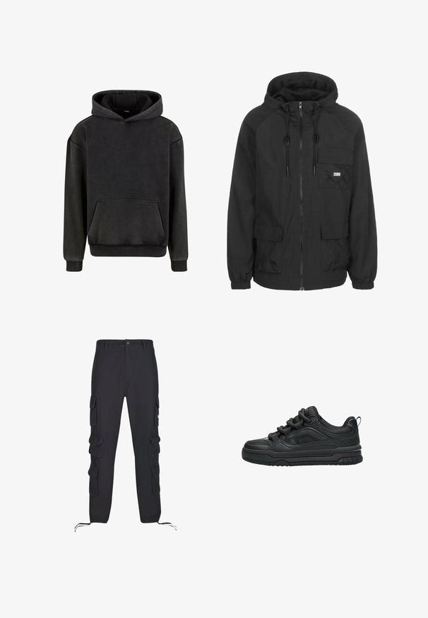 Veste à capuche noire fabriquée en tissu léger, dotée d'une fermeture éclair sur le devant, d'un cordon de serrage ajustable et d'une poche poitrine avec détail du logo.; Urban Classics Sweat à capuche - magnet; Pantalon cargo noir en coton, avec plusieurs poches latérales, des cordons de serrage élastiques aux poignets et une fermeture à bouton à la taille.; Baskets noires basses avec une semelle épaisse, un col rembourré, des panneaux en mesh et des lacets épais, affichées sur un fond blanc.
