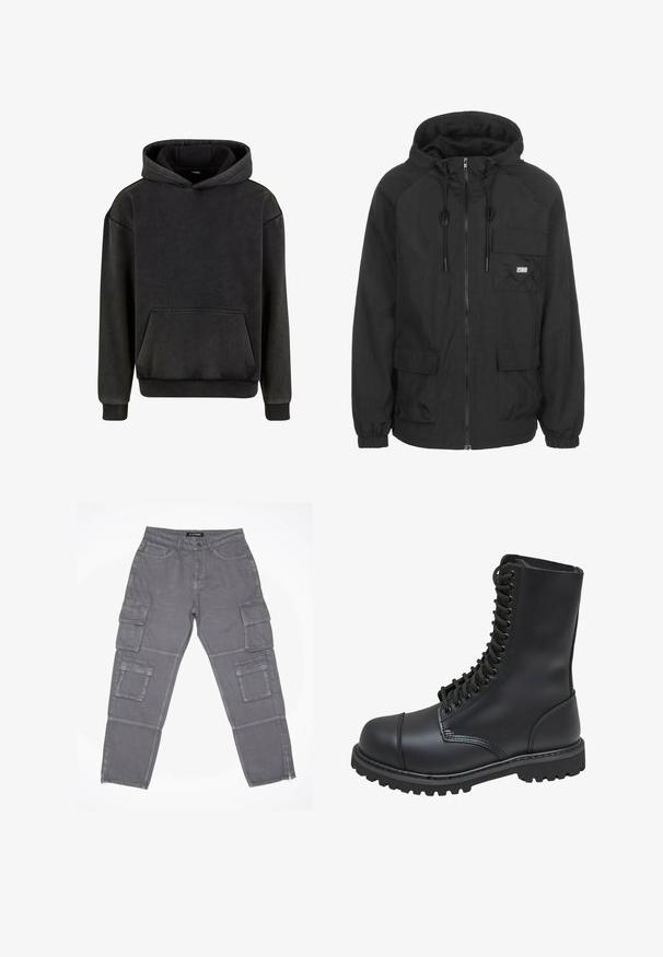 Schwarze Kapuzenjacke aus leichtem Material, mit einem Vorderreißverschluss, verstellbarem Kordelzug und einer Brusttasche mit Logodetail.; Urban Classics Kapuzenpullover - magnet; Graue Cargo-Hosen aus leicht strukturiertem Stoff, mit mehreren Seitentaschen, einem Reißverschluss am Saum und einem Knopfverschluss an der Taille.; Schwarze Lederkampfstiefel mit hohem Schaft, Schnürung an der Vorderseite, gepolstertem Kragen und rutschfester, strukturierter Sohle für guten Halt. Mit verstärkter Zehenkappe.