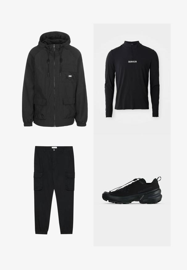 Sort hættejakke lavet af letvægtsstof, med frontlynlås, justerbar snor og en brystlomme med logodetalje.; Sort langærmet top med høj krave, der har en kvartlynlås og hvid "CALVIN KLEIN" logo på forsiden. Glat, strækbart stof.; Sorte cargo-bukser med lige ben, elastiske manchetter og flere side lommer. Lavet af tekstureret stof med knaplukning.; Sort lavtstående Salomon-sneaker med robust sål, hurtigt snøresystem og diskret mærkelogo på siden.