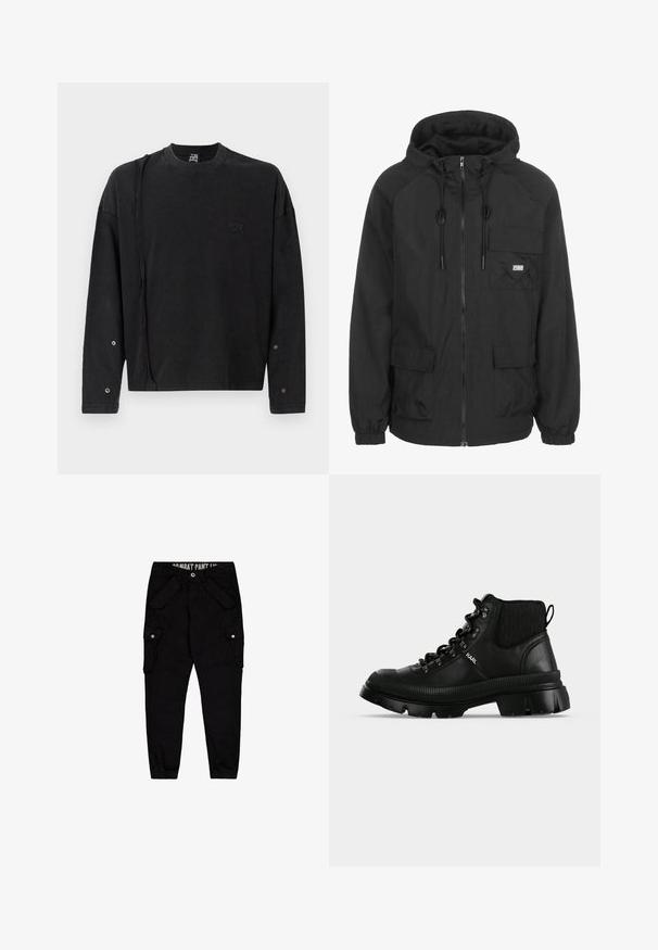 Čierna kapucňová bunda vyrobená z ľahkého materiálu, s predným zipsom, nastaviteľnou šnúrkou a náprsné vrecko s detailom loga.; Čierny sweatshirt s dlhým rukávom a okrúhlym výstrihom, s jemným logom na prednej strane a patentkami na rukávoch, vyrobený z mäkkej tkaniny.; Čierne cargo nohavice vyrobené z bavlny, s viacerými vreckami, priliehavým strihom a elastickými manžetami na členkoch.; Čierna kožená členková obuv s hrubou rebrovanou podrážkou, kovovými očkami a vyrazeným logom "KARL" na bočnom paneli.