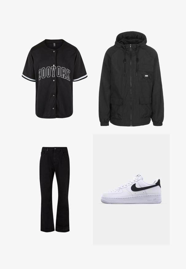 Schwarze Kapuzenjacke aus leichtem Material, mit einem Vorderreißverschluss, verstellbarem Kordelzug und einer Brusttasche mit Logodetail.; Schwarzes kurzärmliges Trikot mit Knopfverschluss, "ZOOYORK" in fetten weißen Buchstaben gedruckt, mit kontrastierenden weißen Streifen an den Ärmeln.; Schwarze Jeans mit weit ausgestelltem Bein und glatter Textur. Verfügt über Vordertaschen, Knopfverschluss und genähte Details entlang der Nähte.; Weißes Leder-Sneaker mit einem strukturierten schwarzen Swoosh, flachen Schnürsenkeln und einer Gummisohle mit genoppetem Muster. "AIR" ist auf der Ferse eingeprägt.