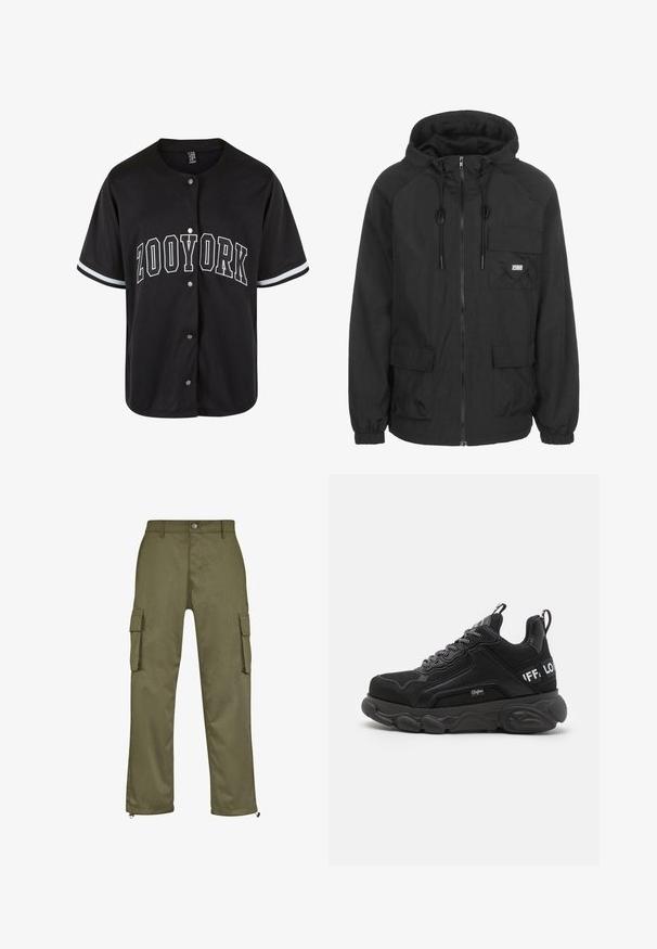 Chaqueta con capucha negra, hecha de tela ligera, con cierre frontal, cordón ajustable y un bolsillo en el pecho con detalle del logotipo.; Jersey negro de manga corta con cierre de botones, con "ZOOYORK" impreso en letras blancas en negrita, que presenta franjas blancas en contraste en las mangas.; Pantalones cargo de color verde oliva con corte recto, dos bolsillos laterales y detalles de cremallera en los puños. Fabricados con un tejido duradero.; Zapatillas negras con suela gruesa, parte superior de malla y ante, diseño de cordones y acentos de logo. Detalles texturizados en los lados y la parte posterior.