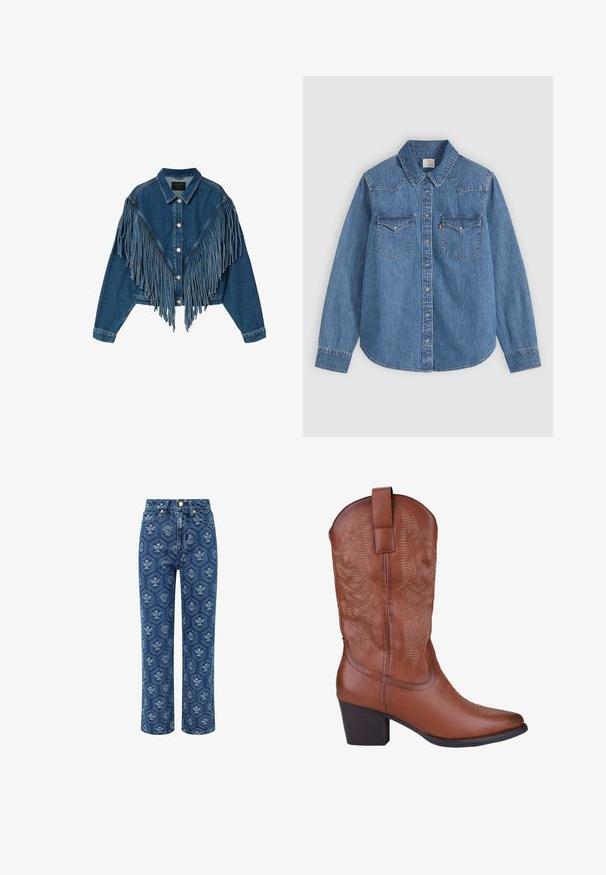 Chaqueta vaquera con botones plateados y detalles de flecos largos formando una forma de V en el pecho y las mangas.; Camisa vaquera azul de manga larga con botones, cuello puntiagudo y dos bolsillos con solapa en el pecho sobre un fondo claro.; Jeans de mezclilla en azul oscuro con un estampado floral, de talle alto y diseño recto, con detalles en tono dorado y una textura sutil.; Bota de cowboy de cuero marrón con intrincados patrones florales bordados, punta puntiaguda, tacón cuadrado y una pestaña en la parte superior para facilitar su uso.