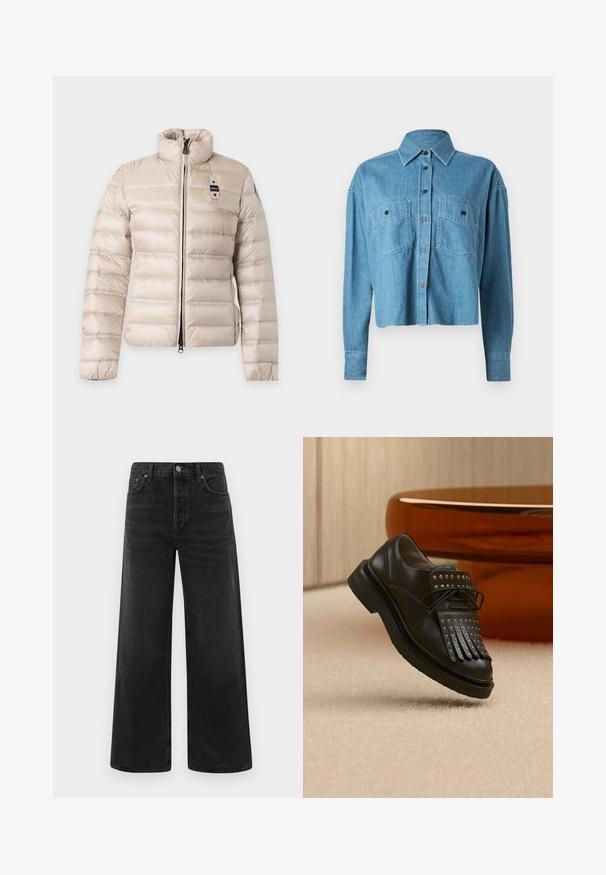 Doudoune matelassée beige avec col montant, fermeture éclair à l'avant et une petite étiquette noire et blanche sur la poitrine gauche.; CLOSED CROPPED FRONT OVERSIZED - Chemisier - mid blue; Jean en denim noir à jambes larges, taille haute, poches avant et fermeture classique par bouton. Le tissu présente une finition lisse avec une légère texture.; Chaussure en cuir noire à lacets avec franges décoratives et clous métalliques posée sur un tapis beige près d'un meuble marron.