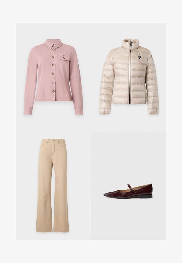 Doudoune matelassée beige avec col montant, fermeture éclair à l'avant et une petite étiquette noire et blanche sur la poitrine gauche.; Chemise rose clair à manches longues avec des boutons marron sur le devant, rabat de poche poitrine boutonné et petit col sur fond blanc.; Pantalon beige taille haute, jambes larges, fermeture à boutons devant, poches avant et arrière, présenté sur fond blanc.; Ballerines en cuir verni bordeaux de type Mary Jane avec un bout pointu, un talon plat et une sangle décorative avec une boucle circulaire.