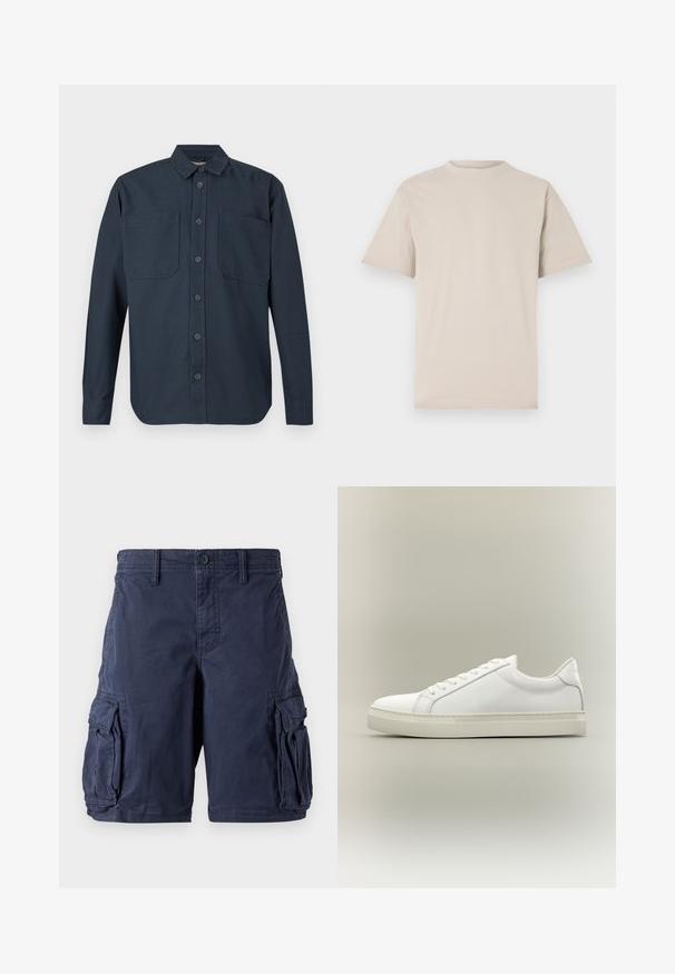 Langærmet mørkeblå skjorte med knapper og to store brystlommer samt klassisk krave, vist mod en hvid baggrund.; Beige kortærmet t-shirt med rund hals, lavet af glat bomuldsstof, med en afslappet pasform og uden synlige mønstre eller udsmykninger.; Mørkeblå cargo shorts lavet af bomuld. Har flere sidelommer, knappelukning og en afslappet pasform. Glat tekstur og holdbart design.; Hvid lavtop sneaker med snørebånd foran og tyk sål, vist fra siden mod en neutral baggrund.