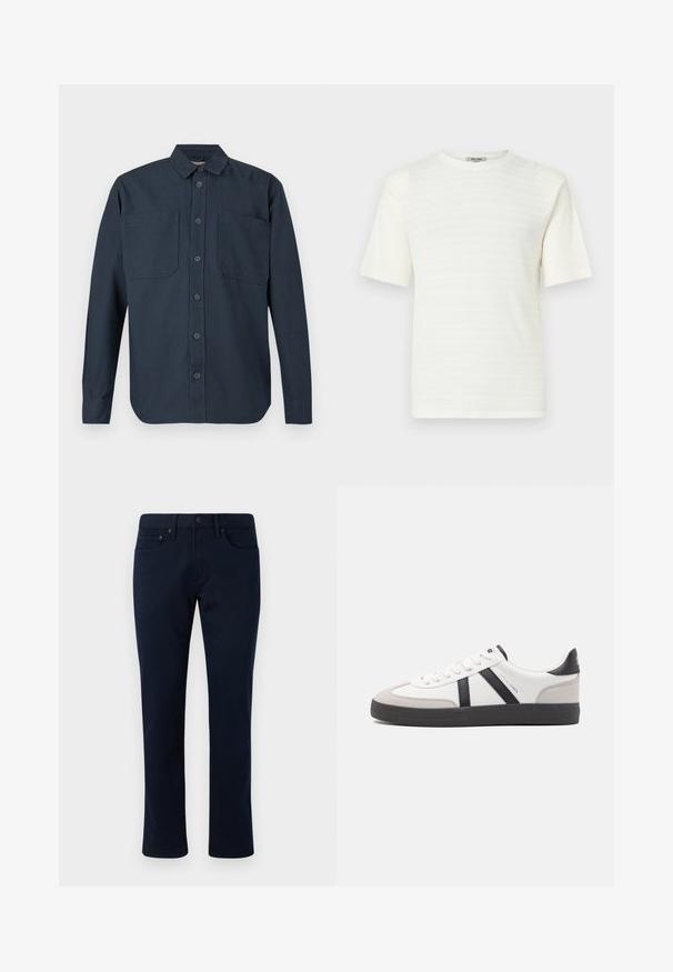 Chemise boutonnée à manches longues, de couleur bleu marine foncé, avec deux grandes poches poitrine et un col classique, présentée sur un fond blanc.; T-shirt blanc à manches courtes en tissu texturé avec un subtil motif horizontal. Motif col rond, coupe décontractée.; Pantalon en denim bleu marine avec une coupe slim, présentant un design classique à cinq poches et des accents de couture subtils. Texture lisse et sans ornements.; Baskets blanches avec des accents noirs et gris, présentant un embout texturé gris, une semelle en caoutchouc noir et des lacets plats blancs. Design épuré, style minimaliste.