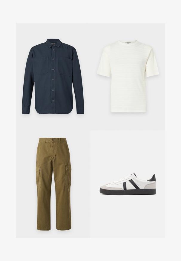 Langærmet mørkeblå skjorte med knapper og to store brystlommer samt klassisk krave, vist mod en hvid baggrund.; Hvid kortærmet T-shirt lavet af tekstureret stof med et subtilt vandret mønster. Rund hals design, afslappet pasform.; Oliven grønne cargo bukser lavet af bomuld, med lige ben, front knaplukning og to sidelommer med klaplukninger.; Hvide sneakers med sorte og grå detaljer, med en tekstureret grå tåhætte, sort gummisål og flade hvide snørebånd. Rent design, minimalistisk stil.