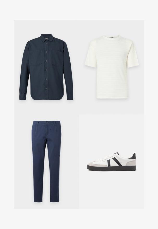 Donkerblauw overhemd met lange mouwen, knoopsluiting, twee grote borstzakken en een klassieke kraag, weergegeven tegen een witte achtergrond.; Witte T-shirt met korte mouwen, gemaakt van textuurstof met een subtiel horizontaal patroon. Ronde halsontwerp, losse pasvorm.; Marineblauwe broek van lichtgewicht stof, met een frontale knoopsluiting, twee zijzakken en een recht gesneden ontwerp.; Witte sneaker met zwarte en grijze accenten, voorzien van een grijze neus met textuur, zwarte rubberen zool en platte witte veters. Schoon ontwerp, minimalistische stijl.