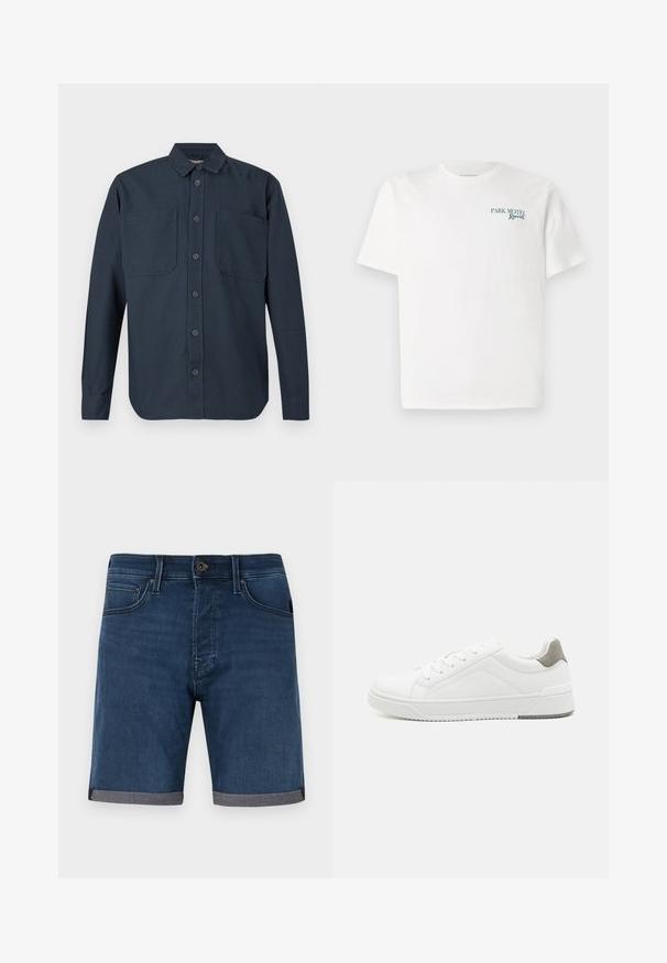Langærmet mørkeblå skjorte med knapper og to store brystlommer samt klassisk krave, vist mod en hvid baggrund.; Hvid bomulds t-shirt med rund hals. Foran står der grøn tekst: "PARK MOTEL Resort." Kortærmede og med en afslappet pasform. Glat tekstur.; Mørkeblå denimshorts med optrukne manchetter, forreste knap, lynlås og forlommer mod en ensfarvet lys baggrund.; Hvid sneaker lavet af glat læder, rund tå, minimalistisk design, grå hælafsats og tekstureret gummisål.