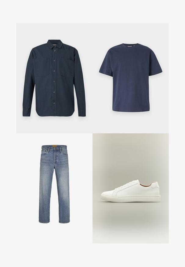 Donkerblauw overhemd met lange mouwen, knoopsluiting, twee grote borstzakken en een klassieke kraag, weergegeven tegen een witte achtergrond.; Navyblauwe katoenen T-shirt met een ronde halslijn en korte mouwen. Gladde textuur, rechte snit en minimale naden, wat zorgt voor een klassiek ontwerp.; Lichtblauwe rechte jeans gemaakt van denim, met een vervaagde wassing, vijf zakken, riemlussen en een rits met knoopsluiting.; Witte lage sneaker met vetersluiting en platte zool, zijwaarts weergegeven op een neutrale achtergrond.
